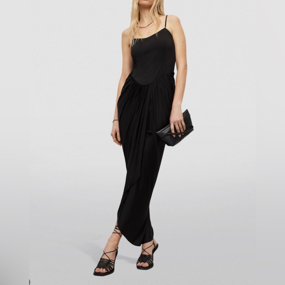 AllSaints Aurelia Womens Draped Midi Dress Sleeveless Black